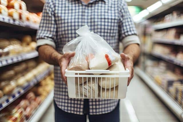 640 ai generated man holding shopping basket with bread and milk groceries in supermarket ai generated1