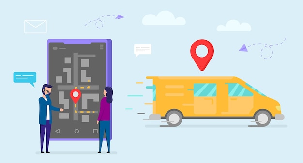 Delivery concept. orange delivery truck moving with red sign above, male and female characters standing near big smartphone, man talking on phone. navigation map on screen. Premium Vector