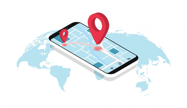 Gps navigation. smartphone with map, route and pointers. geolocation. map world. Premium Vector