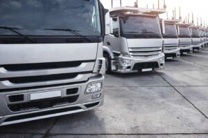 group trucks parked row